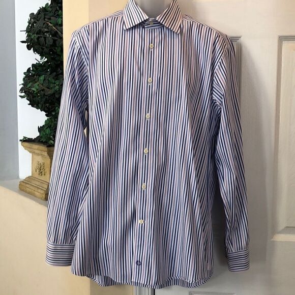 David Donahue Trim Dress shirt button down Men’s 17 34/35 White navy lavender - Picture 1 of 12